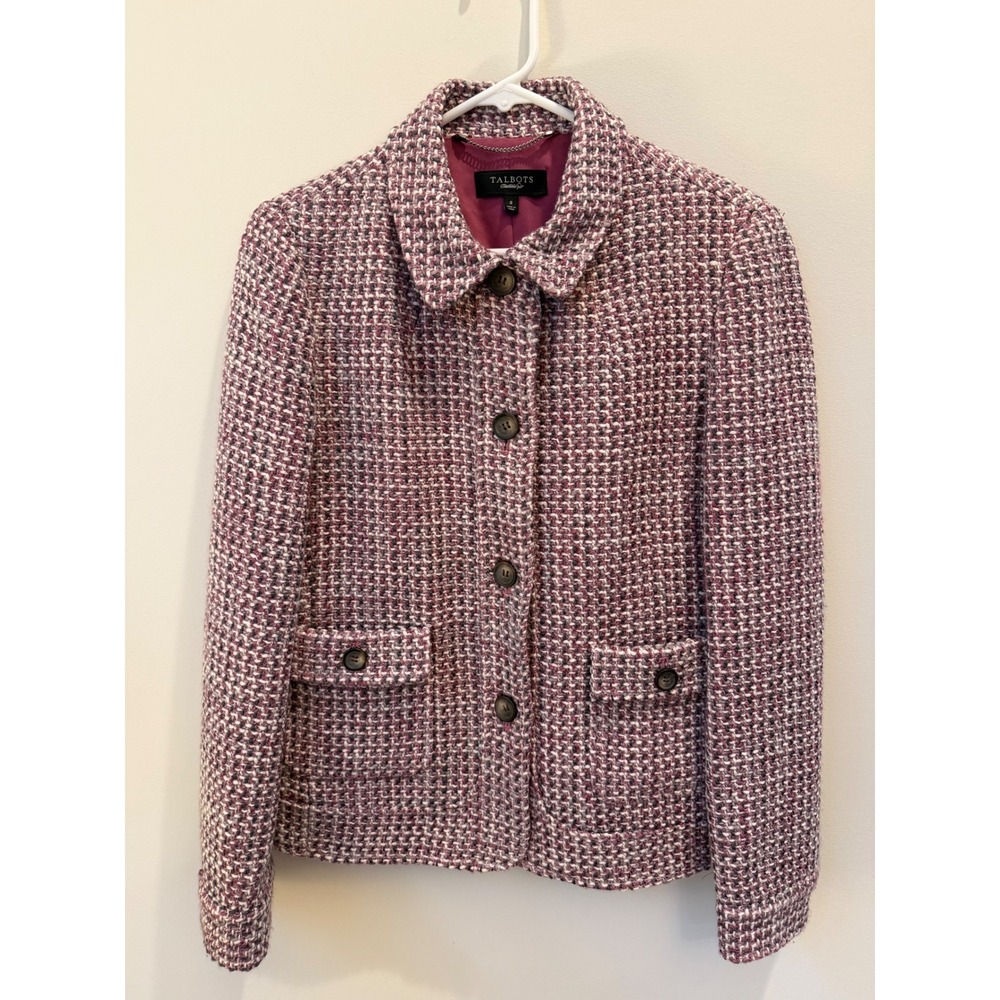 Talbots Womens 8 Pink Purple Wool Blend Tweed Button Front Blazer Jacket